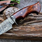 11-inch handmade Damascus Bobcat knife with wood handle and leather sheath – view 1