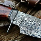 11-inch handmade Damascus Bobcat knife with wood handle and leather sheath – view 3