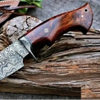 11-inch handmade Damascus Bobcat knife with wood handle and leather sheath – view 5