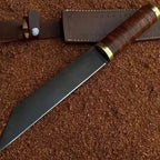 13-inch handmade high-carbon steel Seax knife with stacked leather and brass handle – view 1