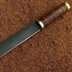 13-inch handmade high-carbon steel Seax knife with stacked leather and brass handle – view 4