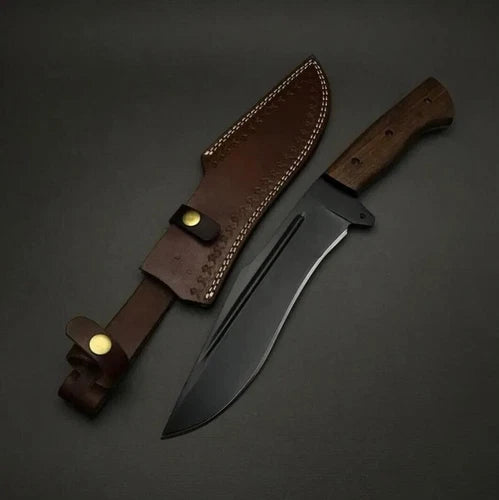 CUSTOM HANDMADE D2 TOOL STEEL BOWIE KNIFE WITH WOOD HANDLE & LEATHER SHEATH