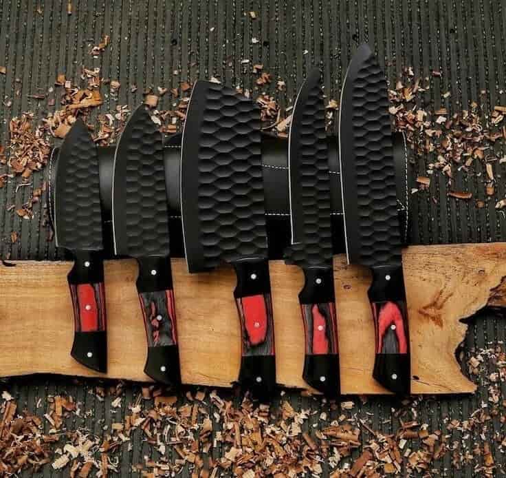 Five-piece black hammered chef knife set