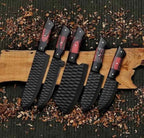 Black hammered kitchen blades with red-black handles
