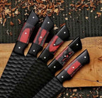 Handle and bolster details on black chef knives