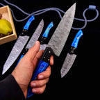 Five culinary blade profiles in the blue Damascus set