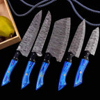 Five-piece blue wood Damascus chef knife set
