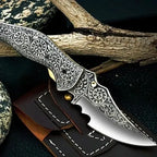 8-inch handmade carbon steel folding knife with engraved metal handle and leather sheath – view 3