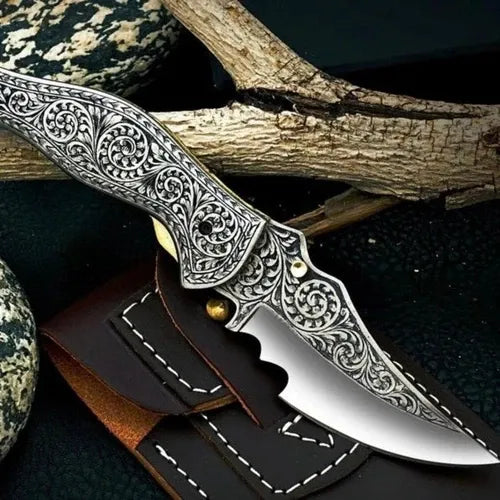 CUSTOM HANDMADE CARBON STEEL FOLDING KNIFE | FULLY ENGRAVED | LEATHER SHEATH