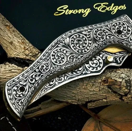 CUSTOM HANDMADE CARBON STEEL FOLDING KNIFE | FULLY ENGRAVED | LEATHER SHEATH