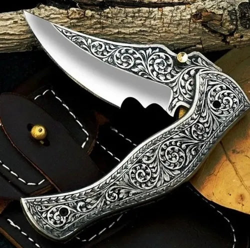 CUSTOM HANDMADE CARBON STEEL FOLDING KNIFE | FULLY ENGRAVED | LEATHER SHEATH