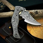 8-inch handmade carbon steel folding knife with engraved metal handle and leather sheath – view 4