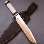 13-inch handmade D2 steel Bowie knife with camel bone handle and leather sheath – view 1