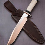 13-inch handmade D2 steel Bowie knife with camel bone handle and leather sheath – view 2