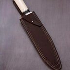 13-inch handmade D2 steel Bowie knife with camel bone handle and leather sheath – view 3