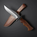 11-inch handmade D2 steel hunting knife with rosewood handle and leather sheath – view 1