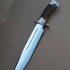 15-inch handmade D2 steel Bowie knife with stag horn handle and leather sheath – view 1