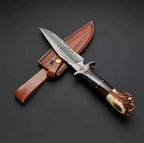 12-inch handmade Damascus Bowie knife with deer horn resin and wood handle – view 4