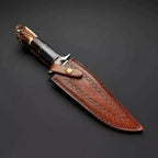 12-inch handmade Damascus Bowie knife with deer horn resin and wood handle – view 1