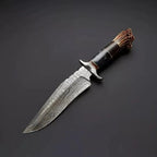 12-inch handmade Damascus Bowie knife with deer horn resin and wood handle – view 2