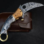 8-inch handmade Damascus folding knife with camel bone handle and leather sheath – view 1
