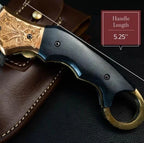 8-inch handmade Damascus folding knife with camel bone handle and leather sheath – view 5