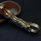 8-inch handmade Damascus folding knife with camel bone handle and leather sheath – view 2