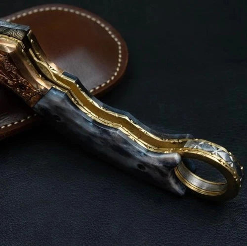 CUSTOM HANDMADE DAMASCUS STEEL FOLDING KNIFE WITH BONE HANDLE & LEATHER SHEATH
