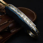 8-inch handmade Damascus folding knife with camel bone handle and leather sheath – view 3