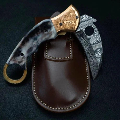 CUSTOM HANDMADE DAMASCUS STEEL FOLDING KNIFE WITH BONE HANDLE & LEATHER SHEATH