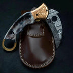 8-inch handmade Damascus folding knife with camel bone handle and leather sheath – view 4