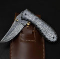 CUSTOM HANDMADE DAMASCUS STEEL FOLDING KNIFE | POCKET KNIFE WITH LEATHER SHEATH