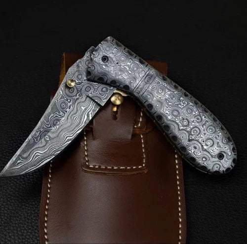 CUSTOM HANDMADE DAMASCUS STEEL FOLDING KNIFE | POCKET KNIFE WITH LEATHER SHEATH