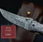 7-inch handmade raindrop Damascus folding knife with matching steel handle and sheath – view 4