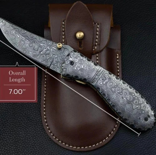 CUSTOM HANDMADE DAMASCUS STEEL FOLDING KNIFE | POCKET KNIFE WITH LEATHER SHEATH