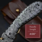 7-inch handmade raindrop Damascus folding knife with matching steel handle and sheath – view 6