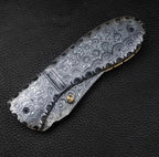 7-inch handmade raindrop Damascus folding knife with matching steel handle and sheath – view 2