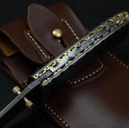 7-inch handmade raindrop Damascus folding knife with matching steel handle and sheath – view 3