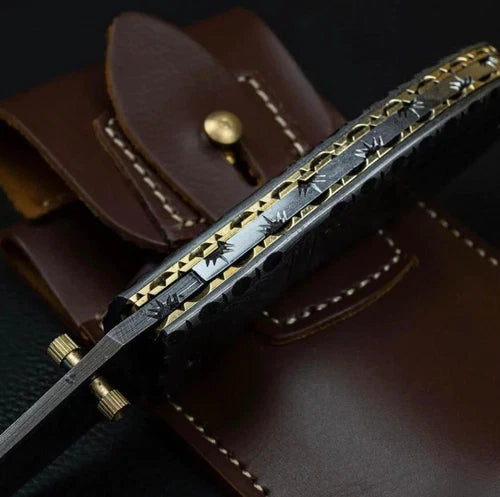 CUSTOM HANDMADE DAMASCUS STEEL FOLDING KNIFE | POCKET KNIFE WITH LEATHER SHEATH