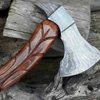 14-inch handmade Damascus hunting axe with natural wood handle and leather cover – view 3