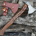 14-inch handmade Damascus hunting axe with natural wood handle and leather cover – view 1