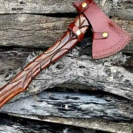 14-inch handmade Damascus hunting axe with natural wood handle and leather cover – view 2