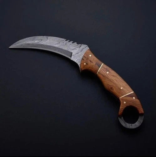 CUSTOM HANDMADE DAMASCUS STEEL KARAMBIT KNIFE WITH WOOD HANDLE & LEATHER SHEATH