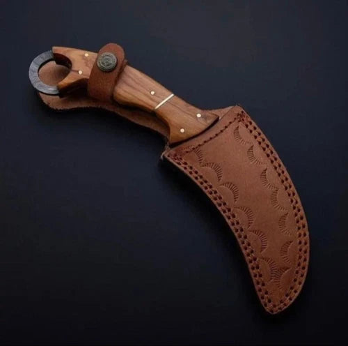 CUSTOM HANDMADE DAMASCUS STEEL KARAMBIT KNIFE WITH WOOD HANDLE & LEATHER SHEATH