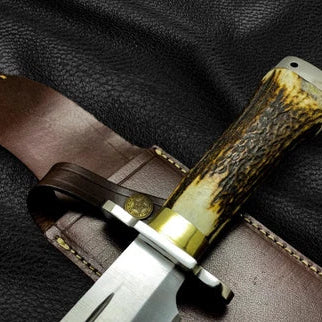 Handmade D2 Steel Antler Bowie Knife with Leather Sheath Camping Outdoor Knife
