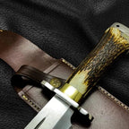 15-inch handmade full-tang D2 steel Bowie knife with antler handle and leather sheath – view 3