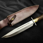 15-inch handmade full-tang D2 steel Bowie knife with antler handle and leather sheath – view 2