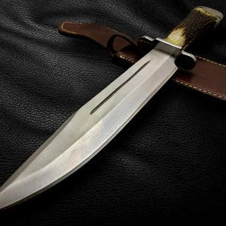 Handmade D2 Steel Antler Bowie Knife with Leather Sheath Camping Outdoor Knife