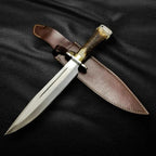 15-inch handmade full-tang D2 steel Bowie knife with antler handle and leather sheath – view 1