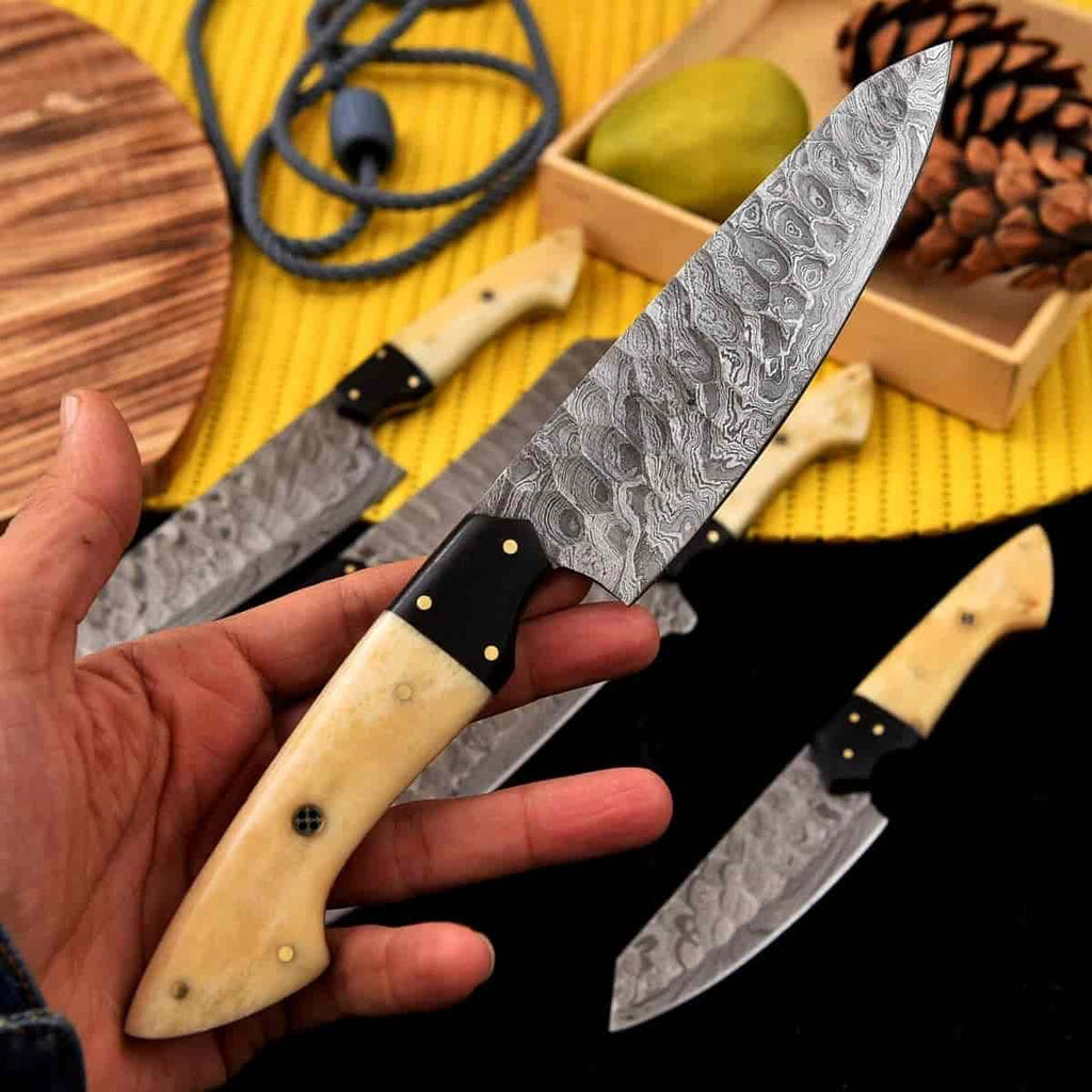 Complete cream-tone Damascus chef knife set